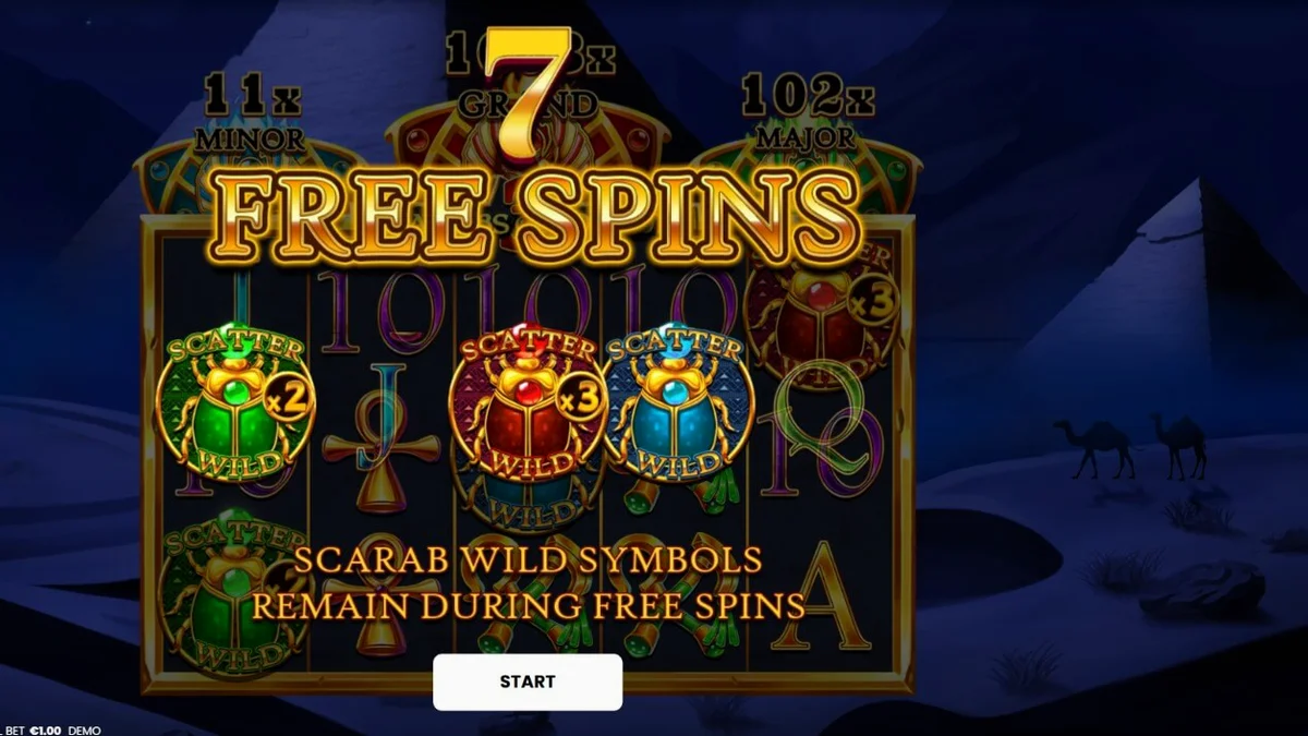 Tampilan visual slot 3 Scarabs of Fortune dengan simbol scarab emas dan latar belakang piramida Mesir.