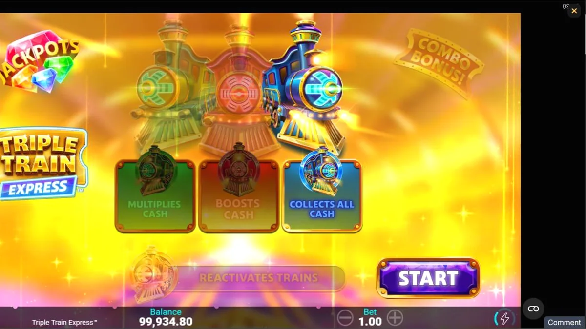 Tampilan visual futuristik slot Triple Train Express dengan nuansa neon dan lokomotif canggih.